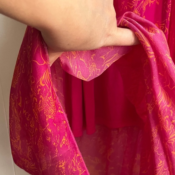 LARA. G. Silk Vibrant Pink Orange Sleeveless Smocked V-Neck Boho Maxi Dress - Picture 6 of 7